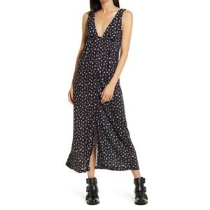 Ninety Percent Women Black Lavender Abstract Dot V-Neck Tie Back Maxi Dress L